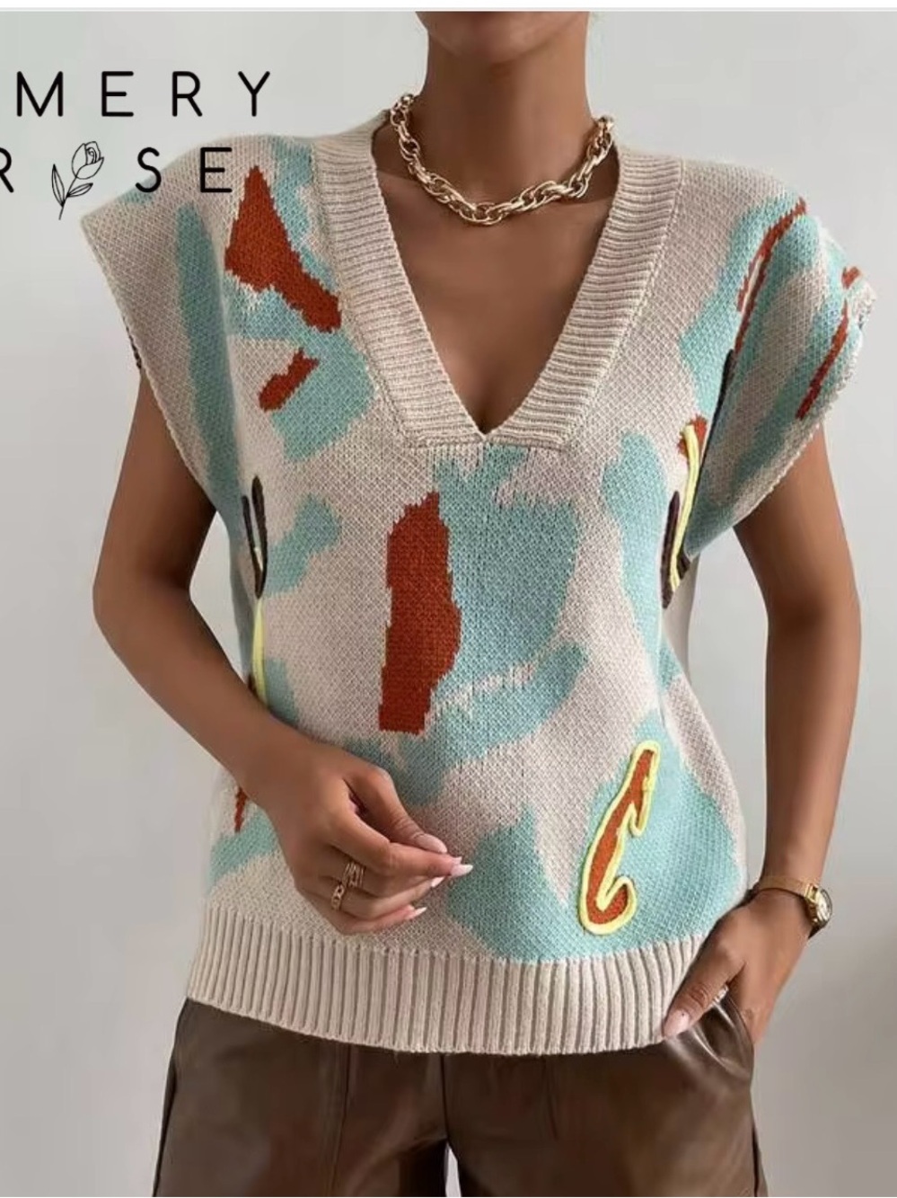 SHEIN Beige Aqua Abstract V‑Neck Knit Vest with Rust Accents